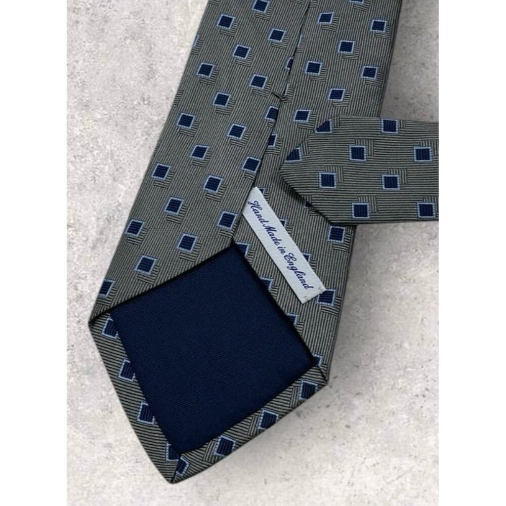 DRAKE'S Silk Tie ENGLAND XL Gray Navy Blue Geometric W:3.6" EUC - Picture 4 of 5